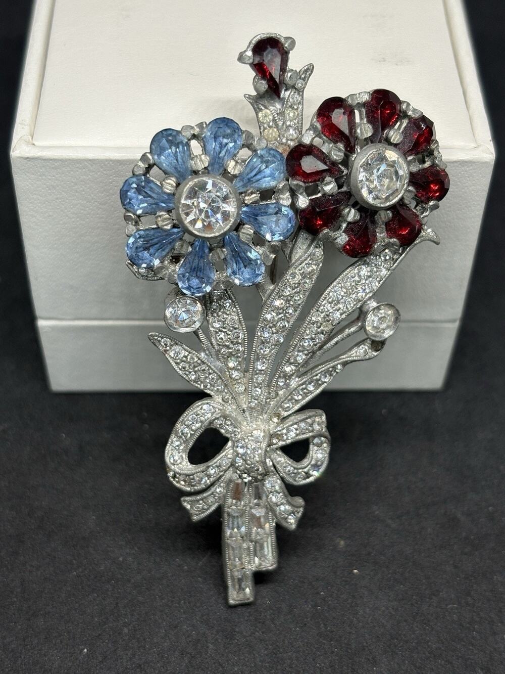 Vintage Mastercraft Rhinestone Flower Bouquet Brooch Red & Blue Rhodium Plated